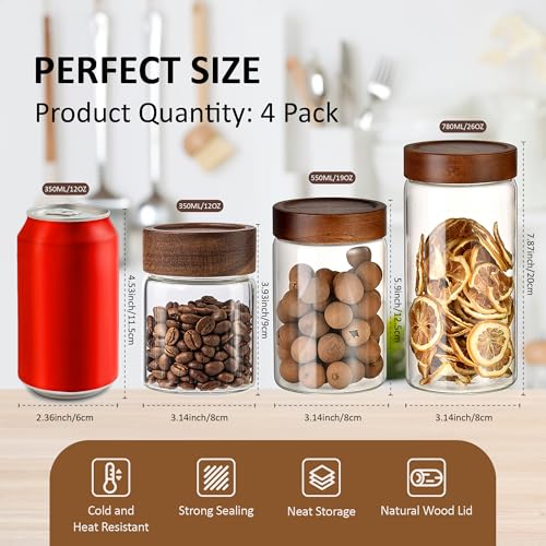 26 oz 850 ml Clear Glass Storage Canister with Airtight Wooden Lid (26 fl oz (4 Pack))