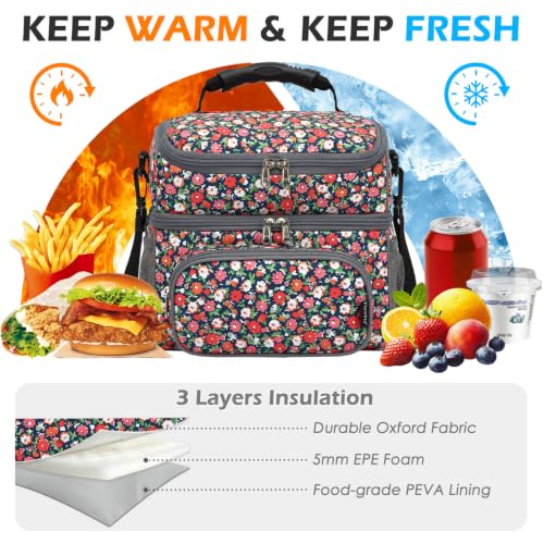 Double Layer Cooler Insulated Lunch Bag Adult Lunch Box Large Tote Bag for Men (Floral)