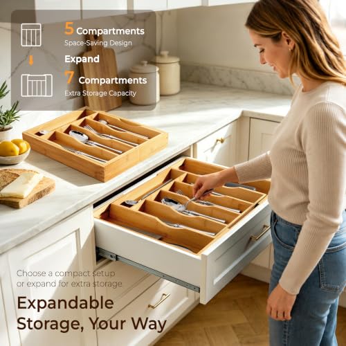 2 Piece Bamboo Silverware Organizer (7 Slots Expandable-2Pack / Natural)