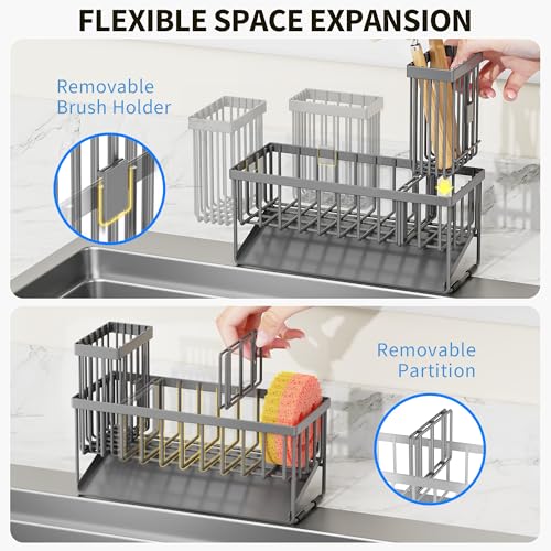 Sink Caddy Organzier with High Brush Holder (Dark Grey / 9.25 inches)