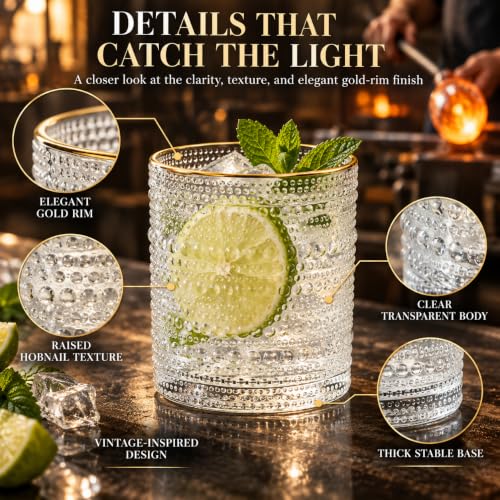 Gold Rim Hobnail Glasses Set Of 6 10oz Vintage Beaded Bubble Tumblers Gifts (Gold Rim Hobnail)