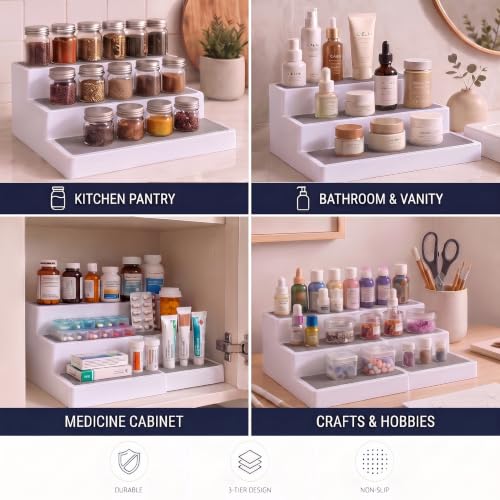 3 Tier Expandable Spice Rack Organizer for Cabinet (1-Pack / White/Grey)