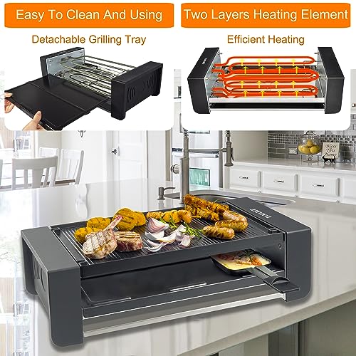 Raclette Party Grill (Cast Aluminum Grill plate with Cheese trays and Pizza pans,black)