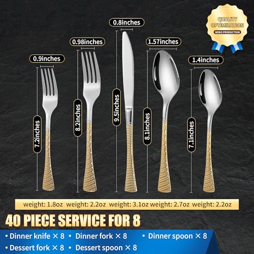 Hammered Silver Gold Silverware Set for 8 (Silver Gold / 40 Pieces Set)