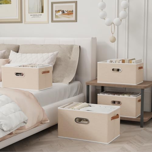 Foldable Storage Baskets for Shelves (16.9x11.8x10.2inch(4-Pack) / Beige)