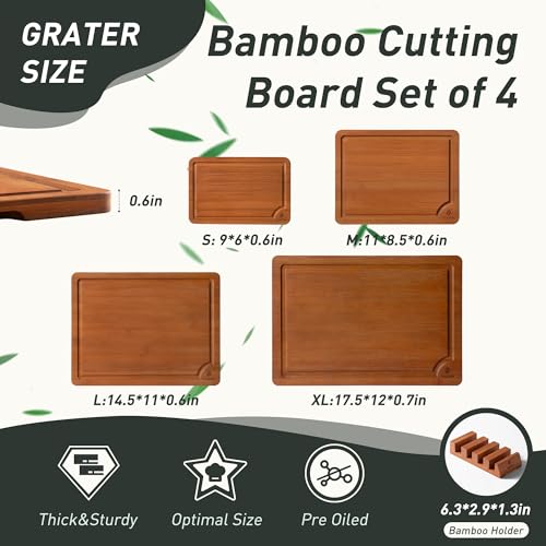 Bamboo Cutting Board Set Non Slip Feet with Holder Over Sink Father Day Dad Parents Papa Stepdad Pappy Poppy Pawpaw Who Want Nothing Everything Future Groom Bride Christmas Happy Birthday Gifts Ideal (Brown / 4 Pack with Holder)