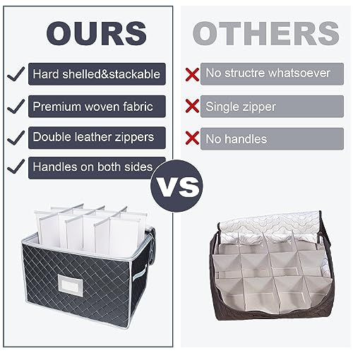 Wine Glass Storage Box with Dividers Holds 24 Stemware Storage Cases or China Crystal Glassware Containers with Handles and Lable Window (Gray / 2 Pack Wine Glass Storage (Gray))