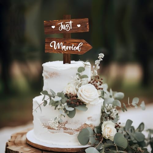 Rustic Just Married Wedding Cake Topper in Wood Wedding Cake Decoration (Just Married)