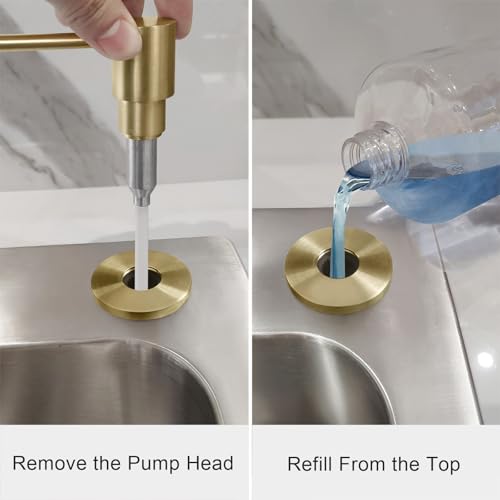 Brushed Gold All Brass Sink Soap Dispenser for Kitchen Sink Deck Mounted with 17 OZ Above The Sink Refillable PET Bottle Brass Pump Head in Counter Dish Soap Dispenser (Brushed Gold)