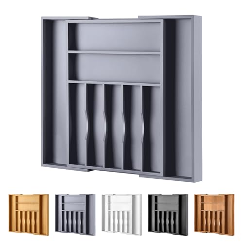 Large Premium Bamboo Silverware Organizer (9 Slots Expandable / Grey)