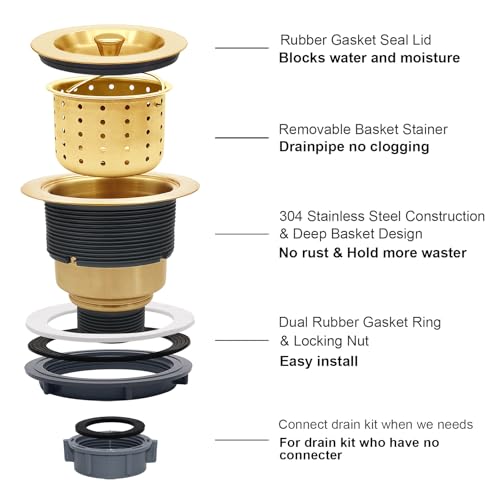 3-1/2-Inch Kitchen Sink Drain Strainer Assembly Kit, GZILA Deep Waste Basket Strainer with Sealing Lid Sink Stopper, 304 Stainless Steel Brushed Gold (Brushed Gold)