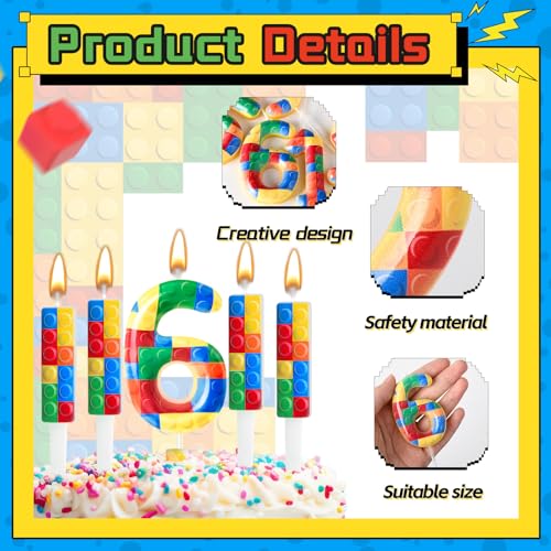 7 Pcs Building Block Themed Birthday Candles Set Building Blocks Number 6 Candle Cake Topper for Building Block Party Decoration Supplies (Multicolor / 6)