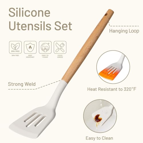10 Piece Kitchen Utensils Set with Wood Cool (10 PCS / Cream White)