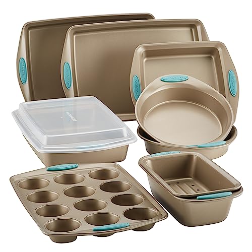 47578 Cucina Nonstick Bakeware Set with Grips Includes Nonstick Bread Pan (10 Piece / Latte Brown with Agave Blue Grips)