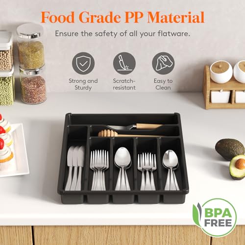 Silverware Drawer Organizer Tray (Black / 12.3 x 14.2 inch (7 Slots))