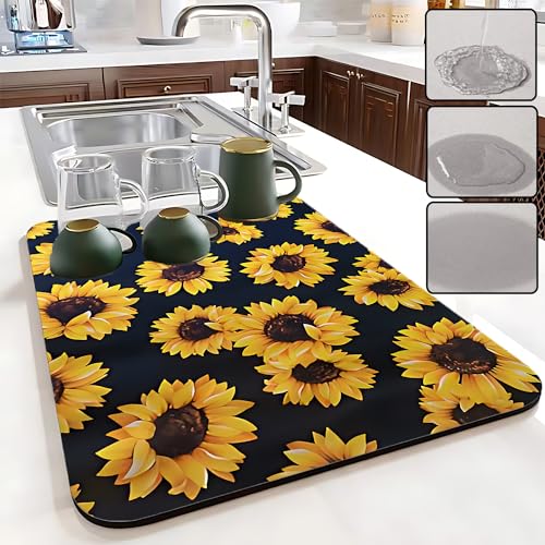 Coffee Mat for Countertop Sunflower Large Dish Drying Mat (Sunflower / 17" x 30")