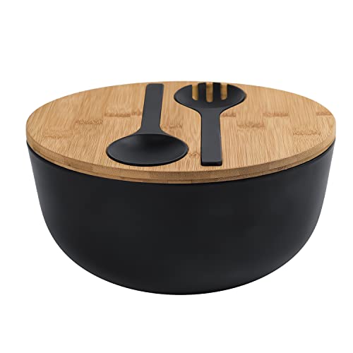 Bamboo Fiber Salad Bowl with Servers Set Large 9.8 inches Nature Bamboo Mixing Bowl with Servers with Lid Spoon and Fork for Fruits (10inch / Black)