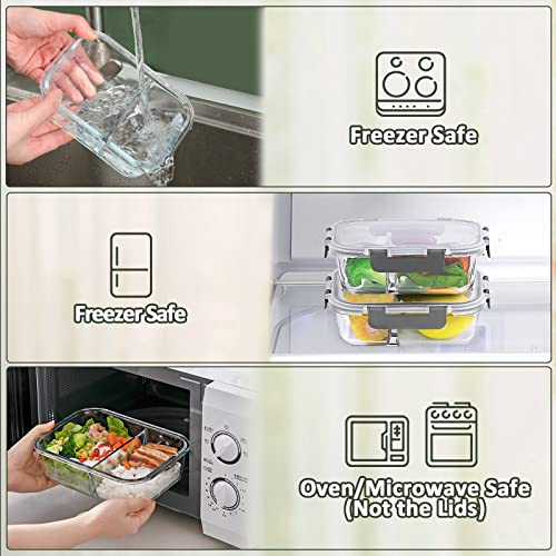 5 Pack,36 oz, 2 Compartments Glass Meal Prep Containers with Lids (Gray)