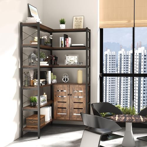 Corner Bookshelves and Bookcases Industrial Corner Etagere Bookcase L Shaped Shelf 6 Tiers with Metal Frame for Living Room Home Office (Industrial Brown / Small)