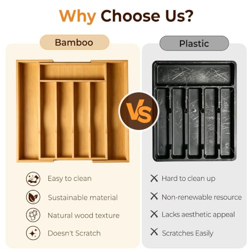 2 Piece Bamboo Silverware Organizer (7 Slots Expandable-2Pack / Natural)