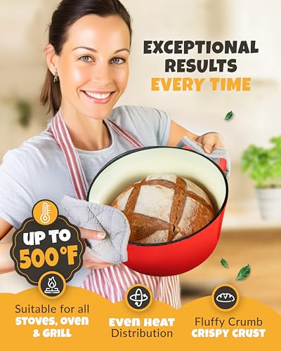 5 QT Enameled Dutch Oven for Bread Baking with Lid & Baking Set (Red / 5QT Round)