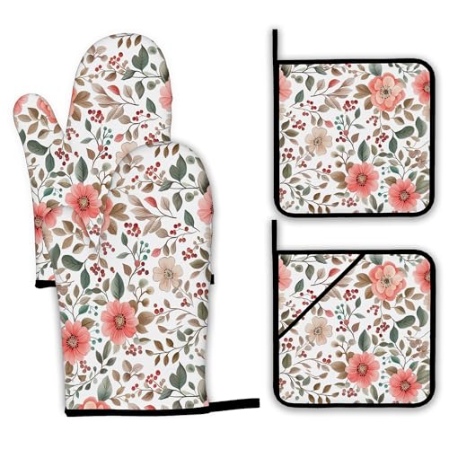 Pink Poppy Floral Oven Mitts and Pot Holders Set (Pink Poppy Floral Berry)