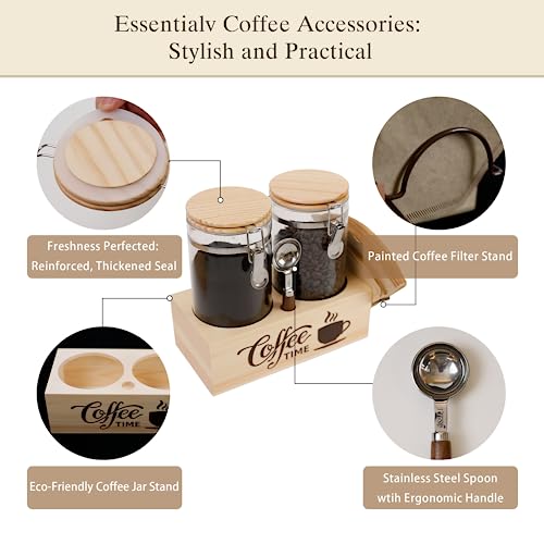 Glass Coffee Canister Set with Shelf & Spoon 2 Piece Coffee Containers for Coffee Bean Storage Airtight Seal (Coffee Jar x 2 & Shelf)