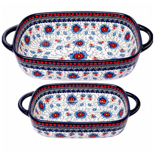 2-Piece Hand-Painted Polish Pottery Style Ceramic Baking Dish Set (Blue Lace)