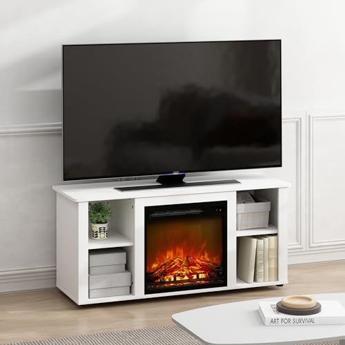 Jensen Entertainment Center Stand with Fireplace for TV up to 55 Inch (Modern / Solid White / 55-Inch)