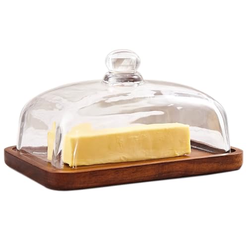 Glass butter dish with lid (7.1"L x 4.5"W x 4.1"H-Acacia wood)