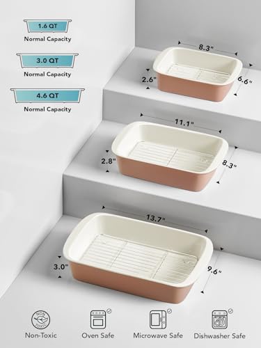 Ceramic Casserole Dishes for Oven with 304 Racks (Dusty Pink / 13.7"+11"+8.3")