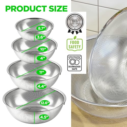 Stainless Steel Colander Set of 4 (3.5+5.5+7.5+9.5QT Colander)