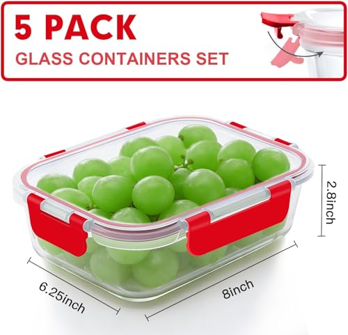 5 PACK 36 OZ Glass Meal Prep Containers Set with Lids (Red)