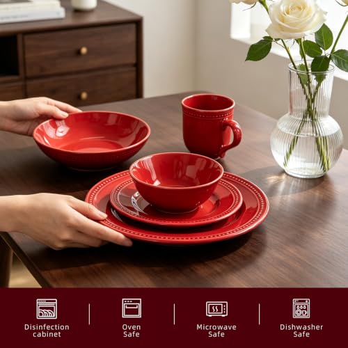 HomeVSS 20 Piece Pearl Dots Stoneware Dinnerware Set (Red)