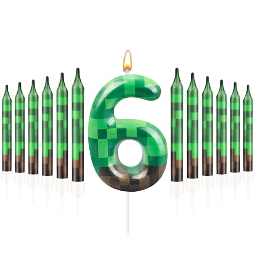 13 Pcs Dynamite Candles 12 TNT Themed Birthday Cake Candles and Number 6 Candle Cake Topper for Pixel Theme Birthday Party Anniversary Party Dynamite Theme Party Video Game Party Supplies (Green+Brown / 6)