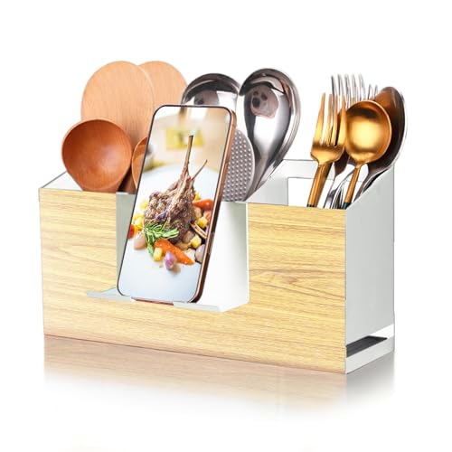 Utensil Holder Large Iron Flatware Container with 3 Compartments Countertop Wall (White)