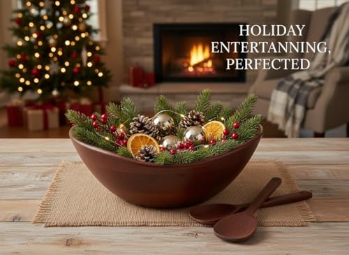Large Wooden Salad Bowl Set with 2 Serving Utensils