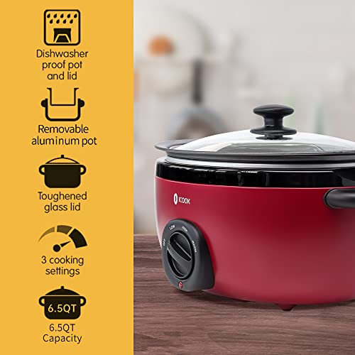 USC-65-OP001RD 6.5 Quart Slow Cooker,Aluminium Sear/Sauté Stew Pot Stovetop safe,Dishwasher Safe,Glass Lid,Adjustable Temp,Food Warmer(Red) (2-Red / 6.5 Quarts)