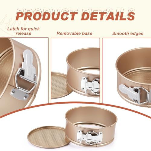 4 Pcs 6 Inch Non Stick Springform Pan with Removable Bottom Carbon Steel Round Springform Cheesecake Pan with Stainless Steel Spring Buckles for Baking Kitchens Restaurant (Champagne Gold / 6 Inch)