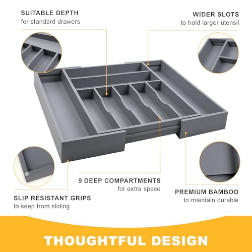 Large Premium Bamboo Silverware Organizer (9 Slots Expandable / Grey)
