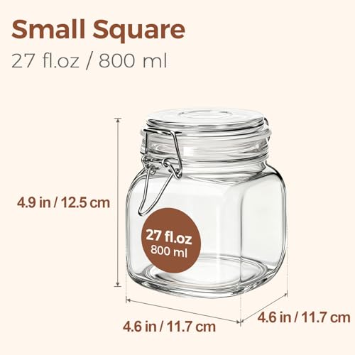 Square Glass Pantry Jars with Airtight Lids 27 oz 6 Pack Spice Jar (27 fl oz x 6)