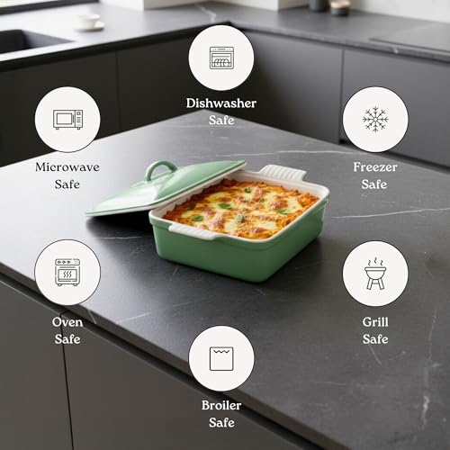 Square Stoneware Casserole Dish with Lid (2.5 Qt / Glossy White)