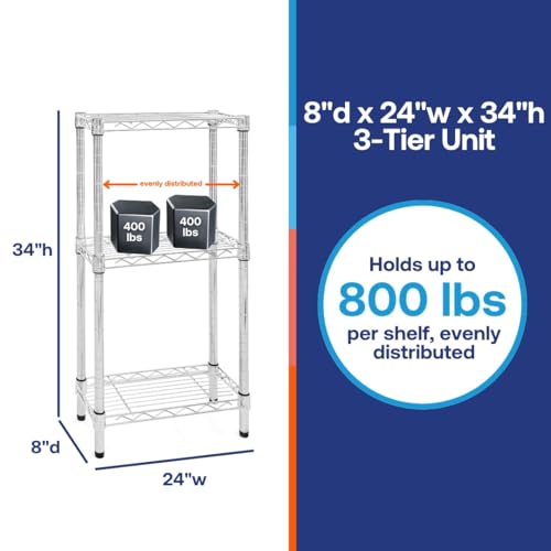 Shelving Inc. 8" d x 24" w Chrome Wire Shelving with 3 Tier Shelves (8" d x 24" w x 34" h)