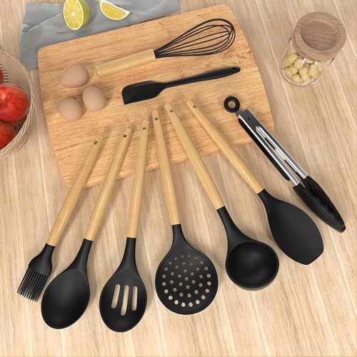 Silicone Cooking Utensils Set Utensil Sets (Black)