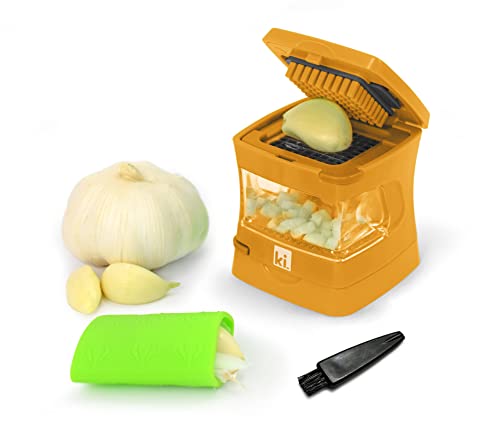 Garlic-A-Peel Garlic Press, Crusher, Cutter, Mincer, and Storage Container - Includes Silicone Garlic Peeler - Easy to Clean - Stainless Steel Blades – (Honey), standard (2.5 x 2.5 x 2.8 / Honey)