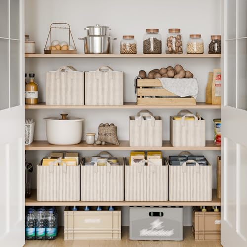 Closet Storage Bins (Khaki & Beige Stripes / 19" L x 13 ¼" W x 11" H)