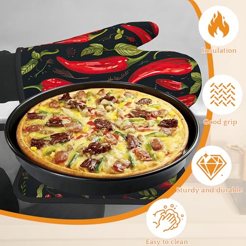 Red Pepper Oven Mitts and Pot Holders Set (Red Pepper)