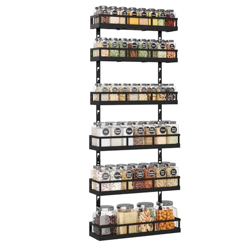 6-Tier Wall-Mounted Spice Rack Organizer with Mixed Basket Sizes, Height-Adjustable Hanging Spice Shelf for Kitchen Pantry Cabinet, Large-Capacity Seasoning Holder, Black (Black / 6x 4.6"D)