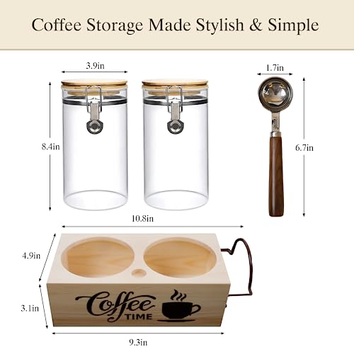 Glass Coffee Canister Set with Shelf & Spoon 2 Piece Coffee Containers for Coffee Bean Storage Airtight Seal (Coffee Jar x 2 & Shelf)