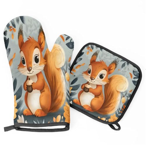 Squirrel Fall Oven Mitts and Pot Holders Sets (Orange)